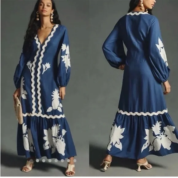 Farm Rio Dress Embroidered Flounce Maxi in Blue - Picture 4 of 8